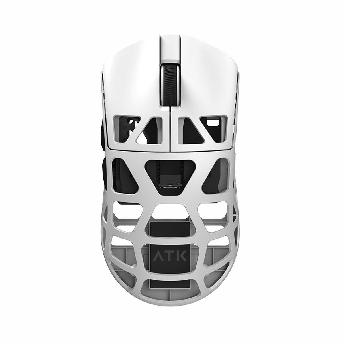 ATK FIERCE X white gaming mouse with ventilated honeycomb shell and black scroll wheel, product showcase.