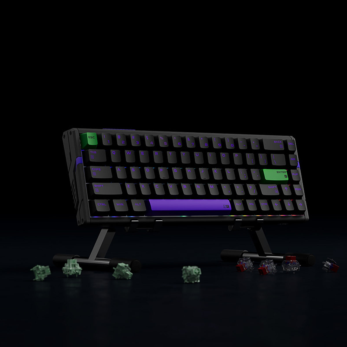 ATK RS6 aluminum Hall Effect keyboard, 65% black with purple, green, white keycaps. Shown with loose keycaps & switches.