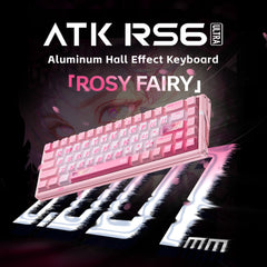 ATK RS6 Ultra Rosy Fairy gaming keyboard with pink aluminum case and white keycaps, anime theme.
