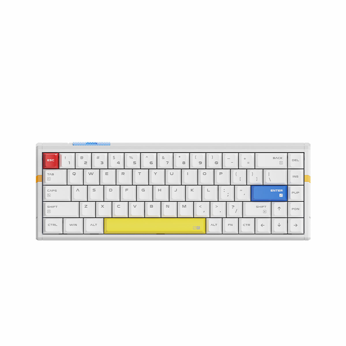 ATK RS6 65% aluminum keyboard with white keycaps, red ESC, blue ENTER, yellow spacebar. Product appearance page.