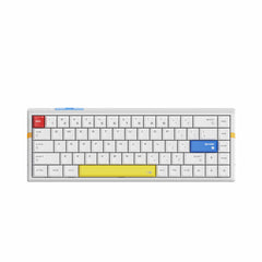 ATK RS6 65% aluminum keyboard with white keycaps, red ESC, blue ENTER, yellow spacebar. Product appearance page.