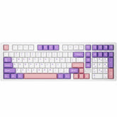 ATK V100 wireless mechanical keyboard with white, purple, and pink keycaps and a white aluminum frame.