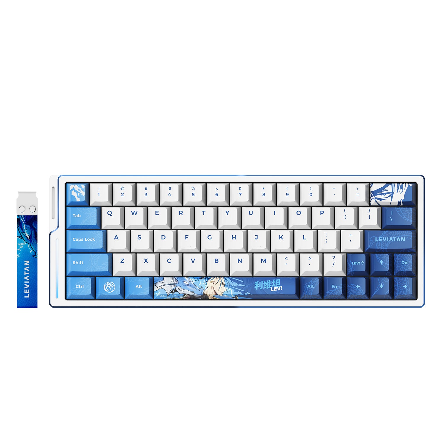ATK EDGE 63 HE esports keyboard, white and blue with anime keycap art, PBT dye-sublimation, 63% layout, magnetic accessory.