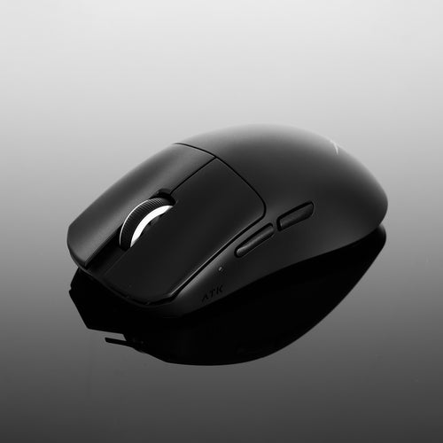 Black ATK Blazing Sky F1 wireless gaming mouse, white scroll wheel, side buttons, reflective surface.