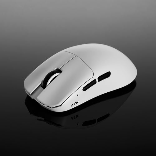 White ATK Blazing Sky F1 Series wireless mouse, ergonomic design, black scroll wheel & side buttons.