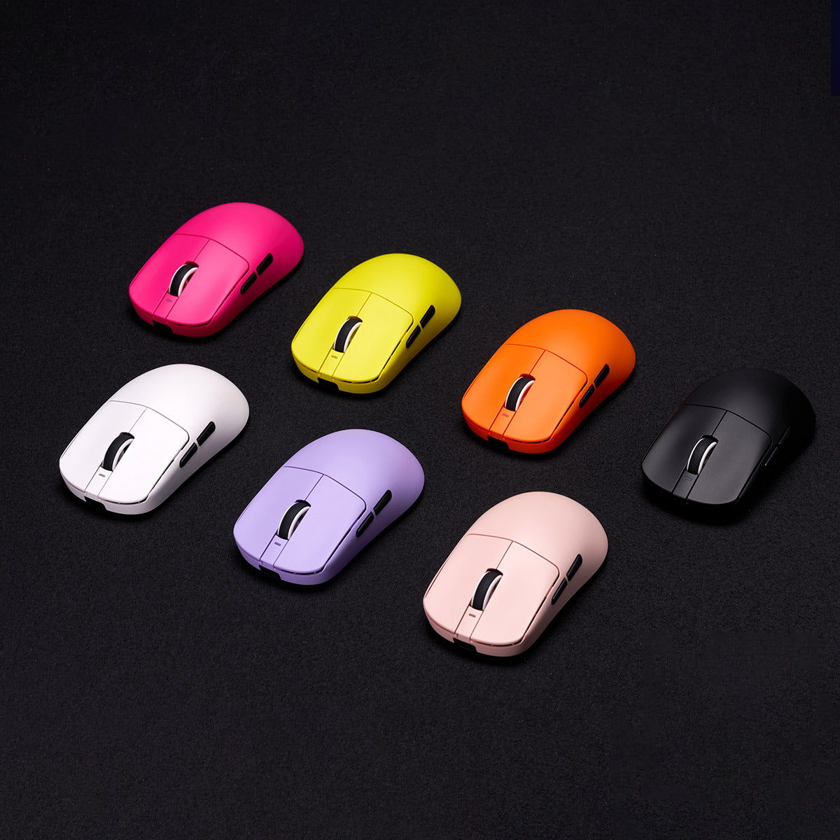 VXE Dragonfly R1 Series wireless gaming mice in multiple colors: pink, yellow, orange, white, purple, light pink, black.