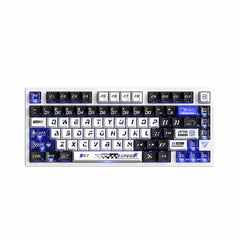 ATK RS7 eSports keyboard with white base, black and blue keycaps, and RGB lighting.