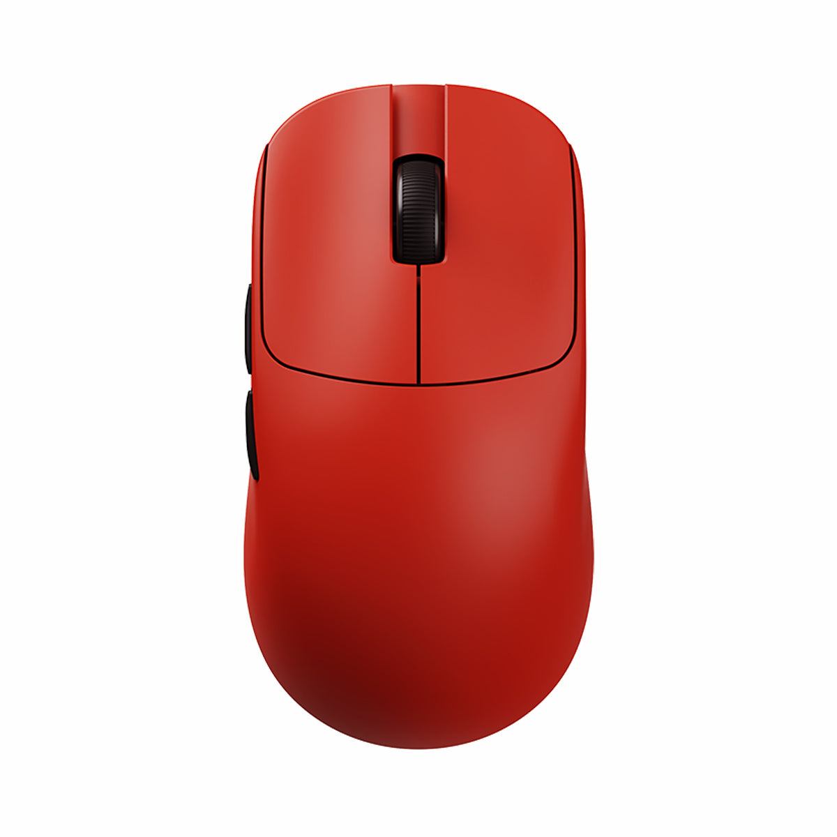 VXE MAD R Series red wireless gaming mouse, matte finish, black scroll wheel, side buttons. Product showcase.
