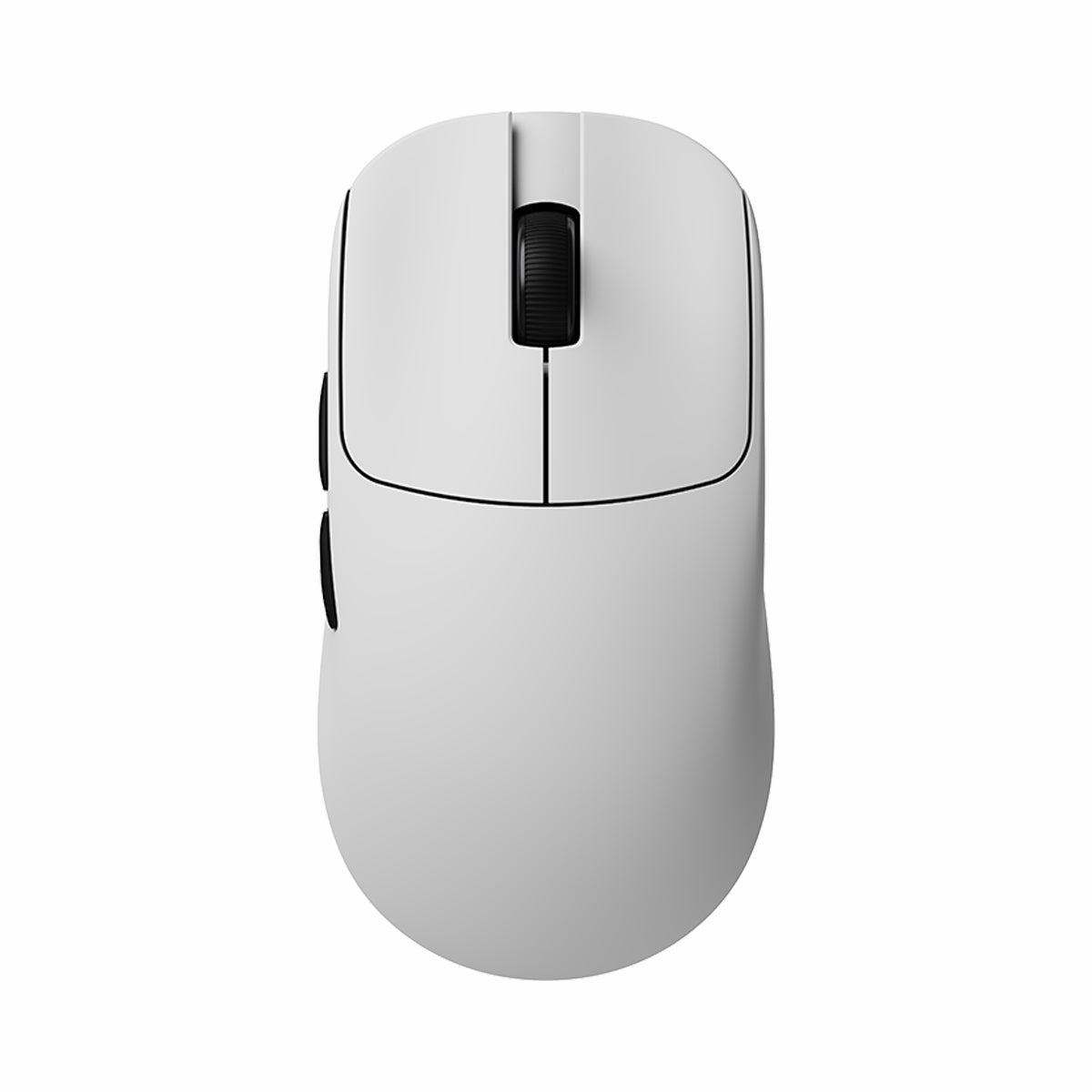 VXE MAD R Series white wireless gaming mouse with ice-feeling coating, black scroll wheel and side buttons. Product showcase.