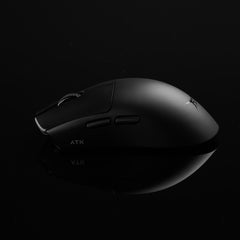 Matte black ATK Blazing Sky X1 wireless gaming mouse, side view, textured scroll wheel, side buttons, ATK logo, product page.