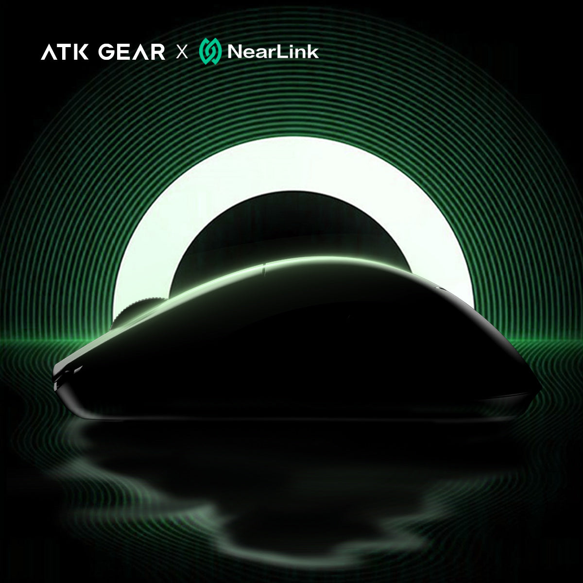 ATK Blazing Sky X1 black wireless gaming mouse with ATK GEAR x NearLink logo and green wave design.