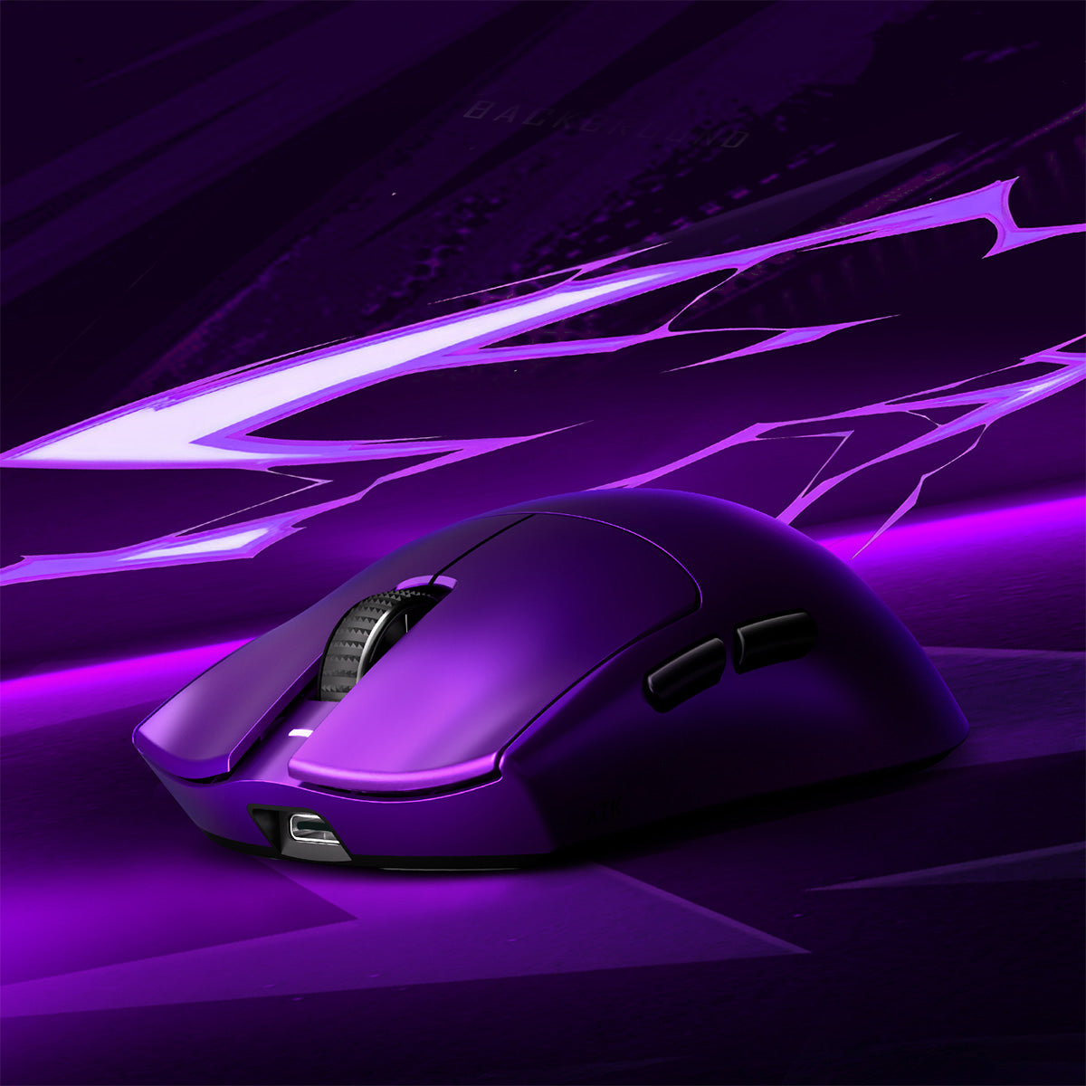 Purple ATK Blazing Sky X1 wireless gaming mouse with black scroll wheel, side buttons, and USB-C port.