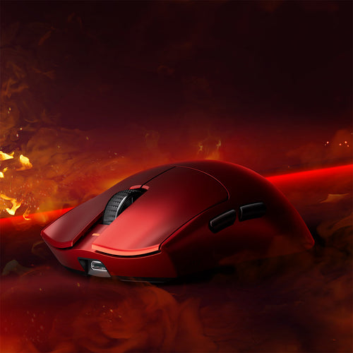 ATK Blazing Sky X1 Series wireless mouse in metallic red with a textured scroll wheel and side buttons.