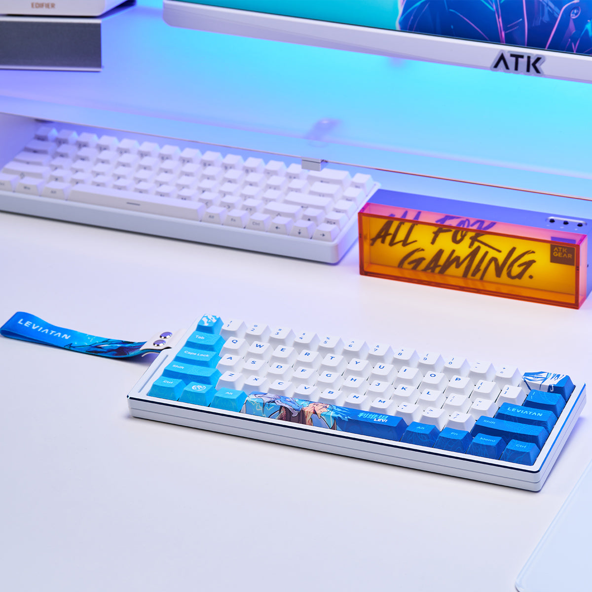 ATK EDGE 60 HE Esports magnetic keyboard with blue and white PBT keycaps and a Leviathan design