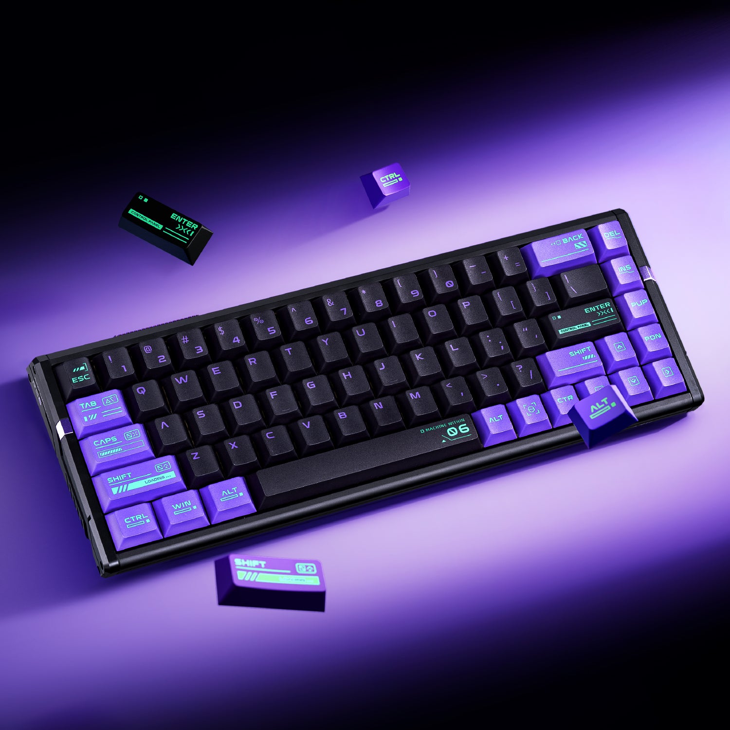 ATK RS6 aluminum 65% keyboard, black with purple keycaps, retro-futuristic design