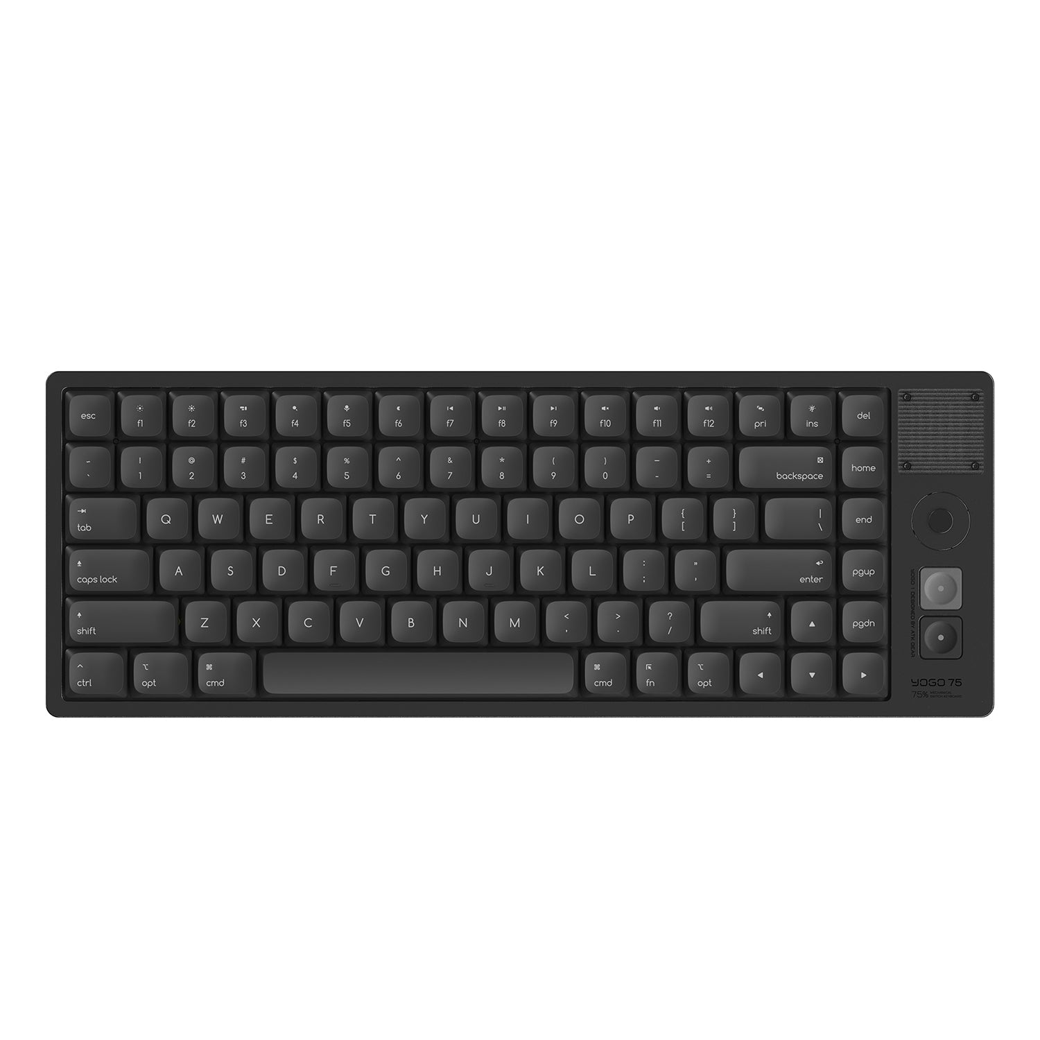 Black 75% YOGO mechanical keyboard with rotary encoder and QWERTY layout.