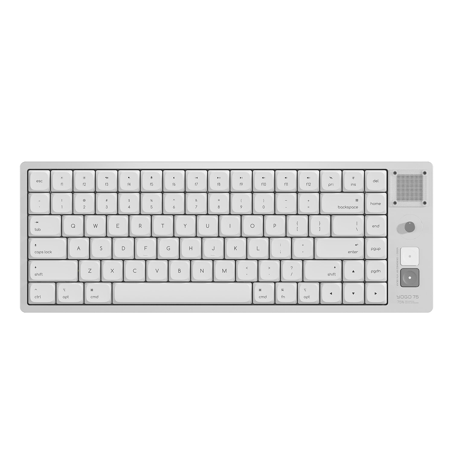 White YOGO 75 75% compact mechanical keyboard with QWERTY layout and unique rotary knob.