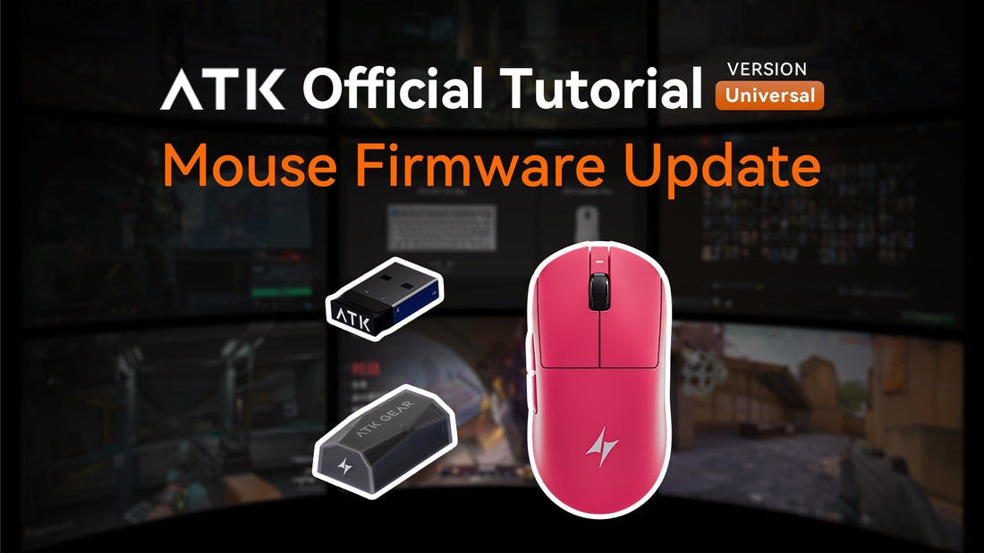 ATK Mouse Firmware Update official tutorial thumbnail showing the ATK Blazing Sky mouse, USB dongle, and adapter.