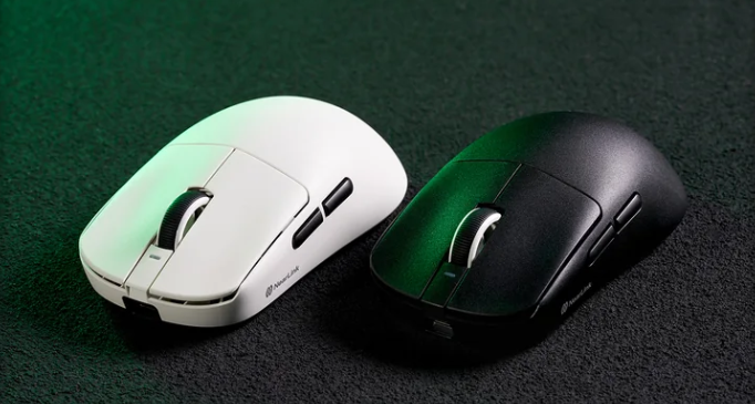 Close-up of premium lightweight esports gaming mice available in white and black colors