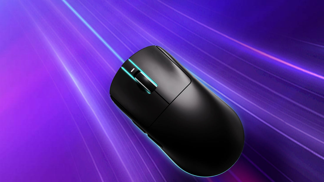 Gaming mouse on a purple glowing background.