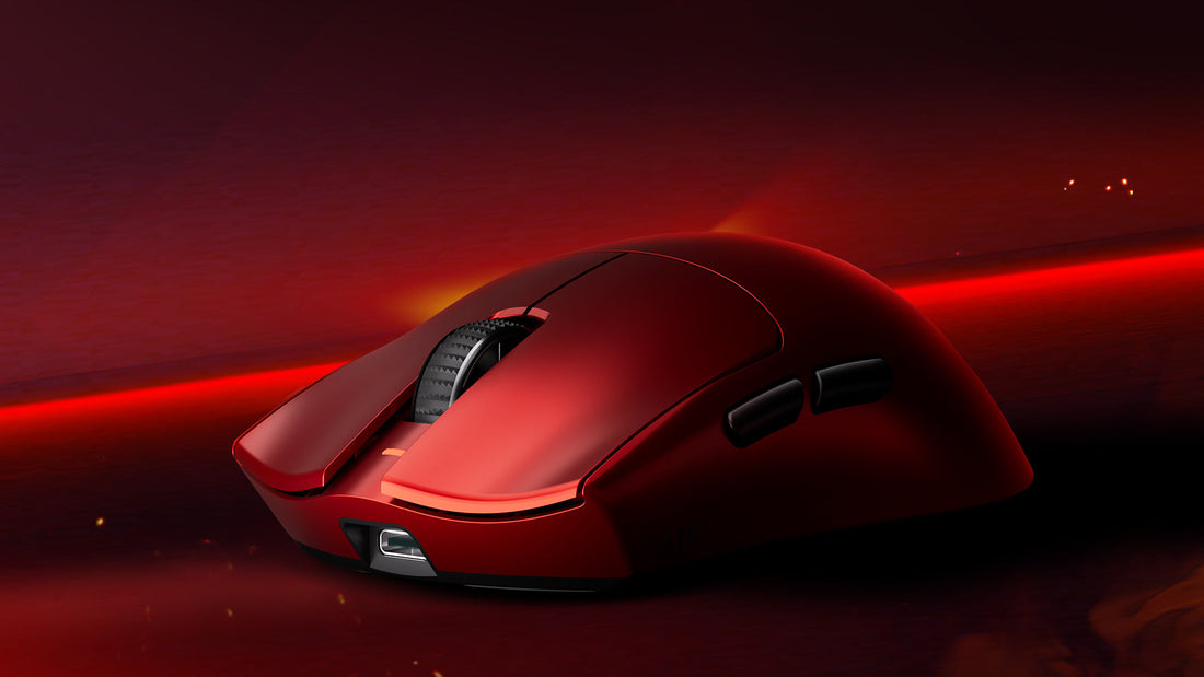 A sleek red wireless gaming mouse against a dark, fiery background.