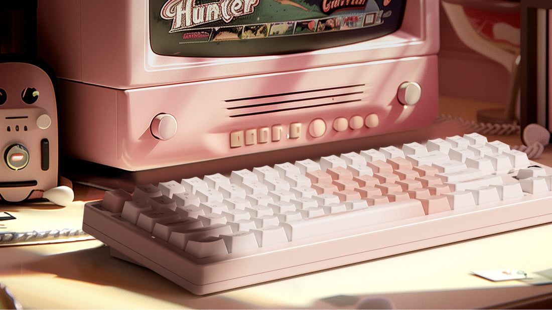 A retro pink computer setup featuring a vintage monitor and matching keyboard, bathed in warm sunlight.