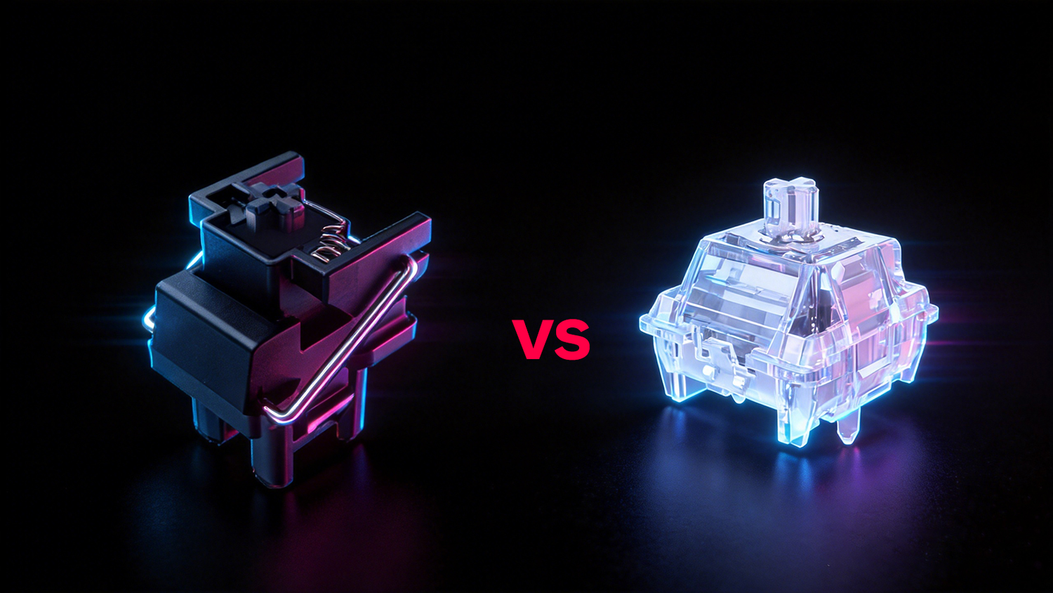 Mechanical keyboard switch comparison with “VS” text on a dark neon background