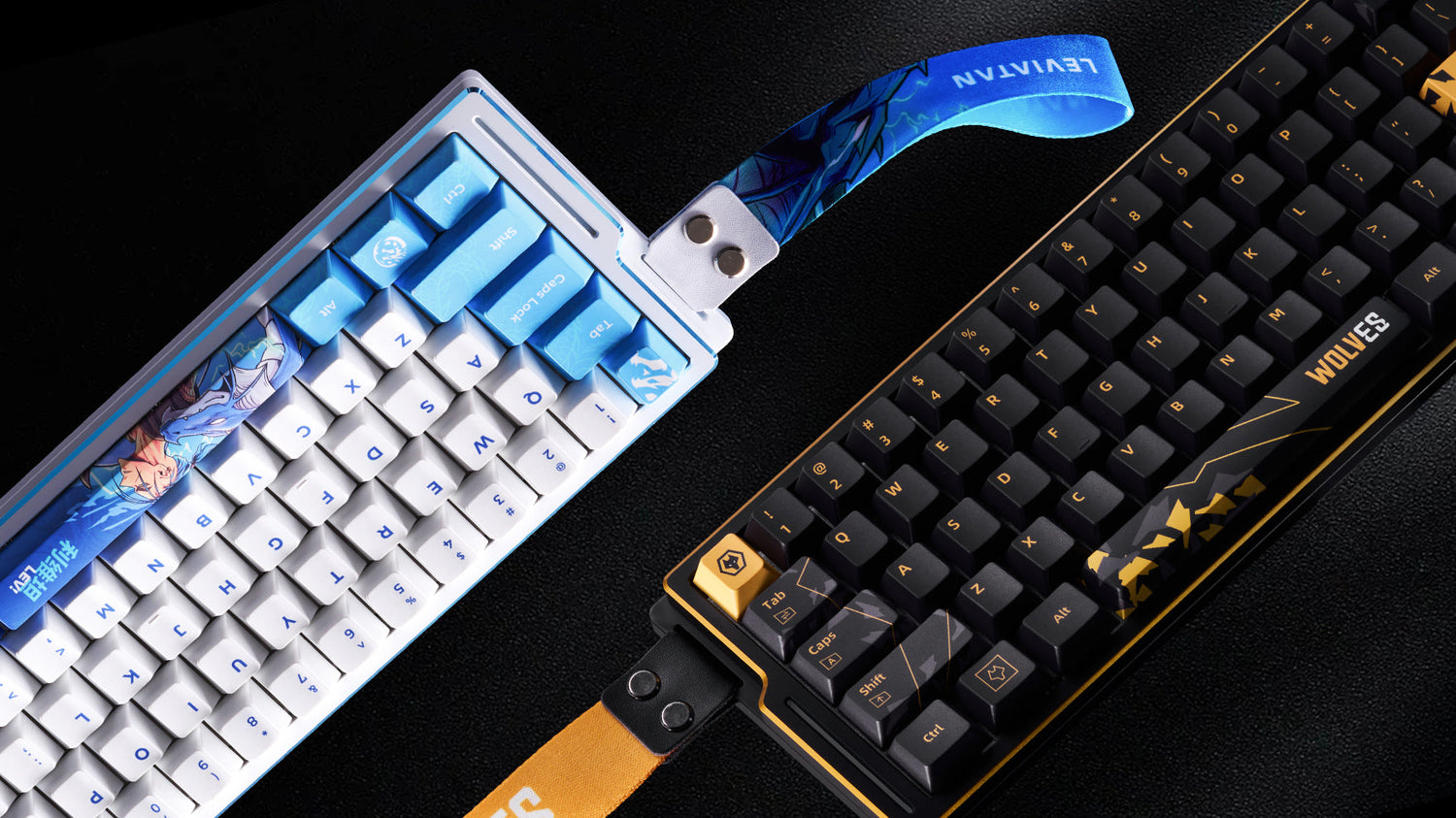 White and black mechanical keyboards side by side with RGB lighting and customized keycaps.