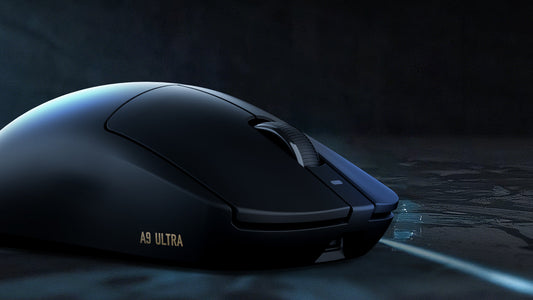 Side view of a sleek black gaming mouse labeled "A9 Ultra," set against a dark background.