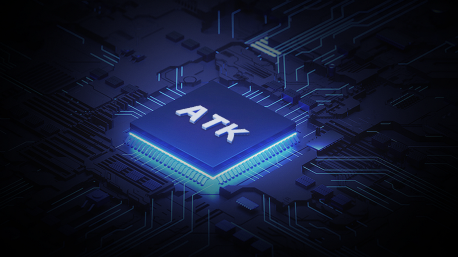 A glowing blue "ATK" processor chip on a dark circuit board.