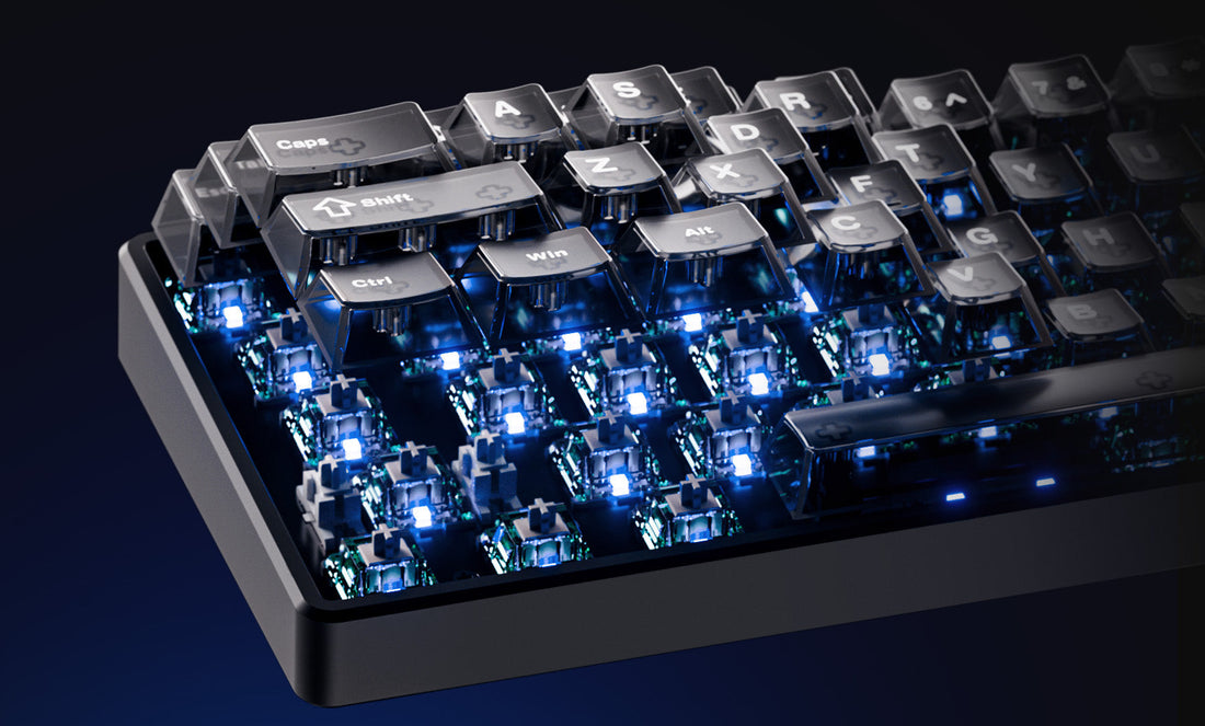 Close-up of a mechanical keyboard with keys removed, showing blue backlighting.