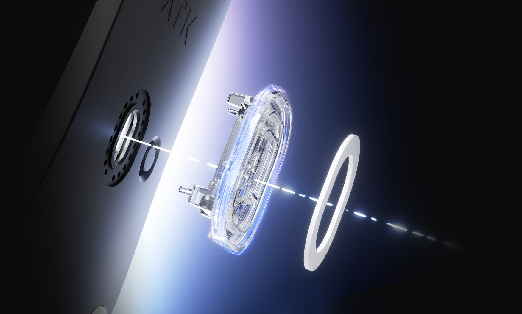 An exploded view of the optical sensor and lens inside a computer mouse.