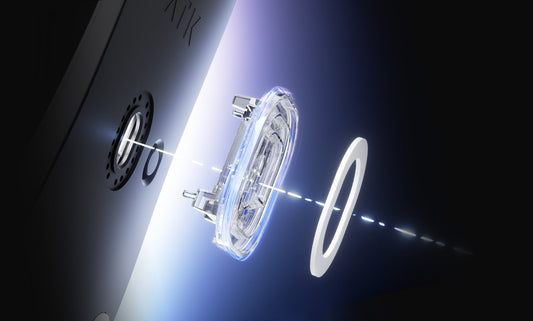 An exploded view of the optical sensor and lens inside a computer mouse.