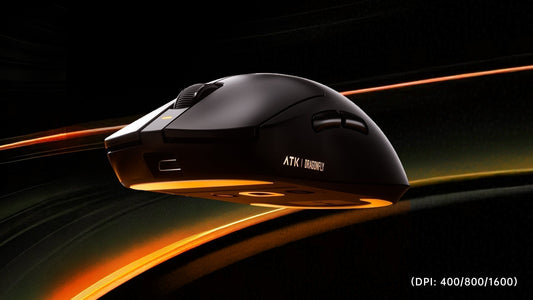 Sleek black ATK Dragonfly gaming mouse with orange illumination shown in motion with multiple DPI settings.
