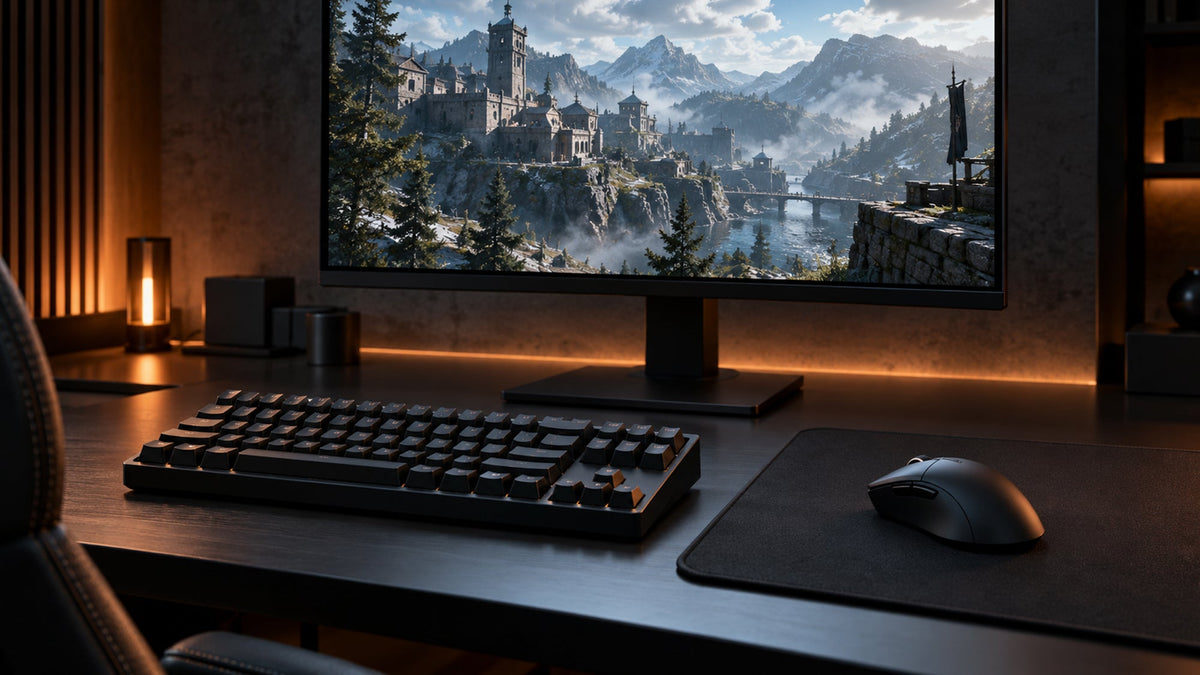 A dark desk with a black keyboard and mouse, warm orange lighting, and a monitor displaying a mountainous castle landscape.