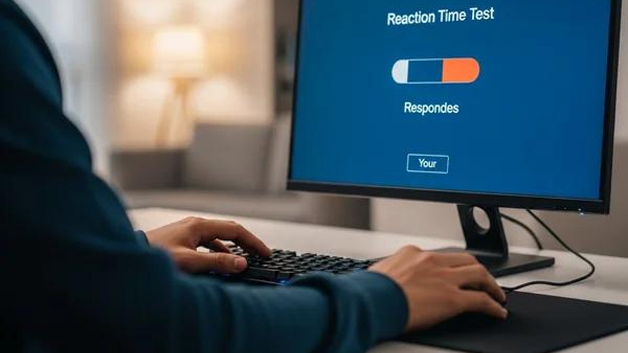 Average human reaction time by age: taking an online reaction time test on a monitor with a gaming mouse and keyboard.