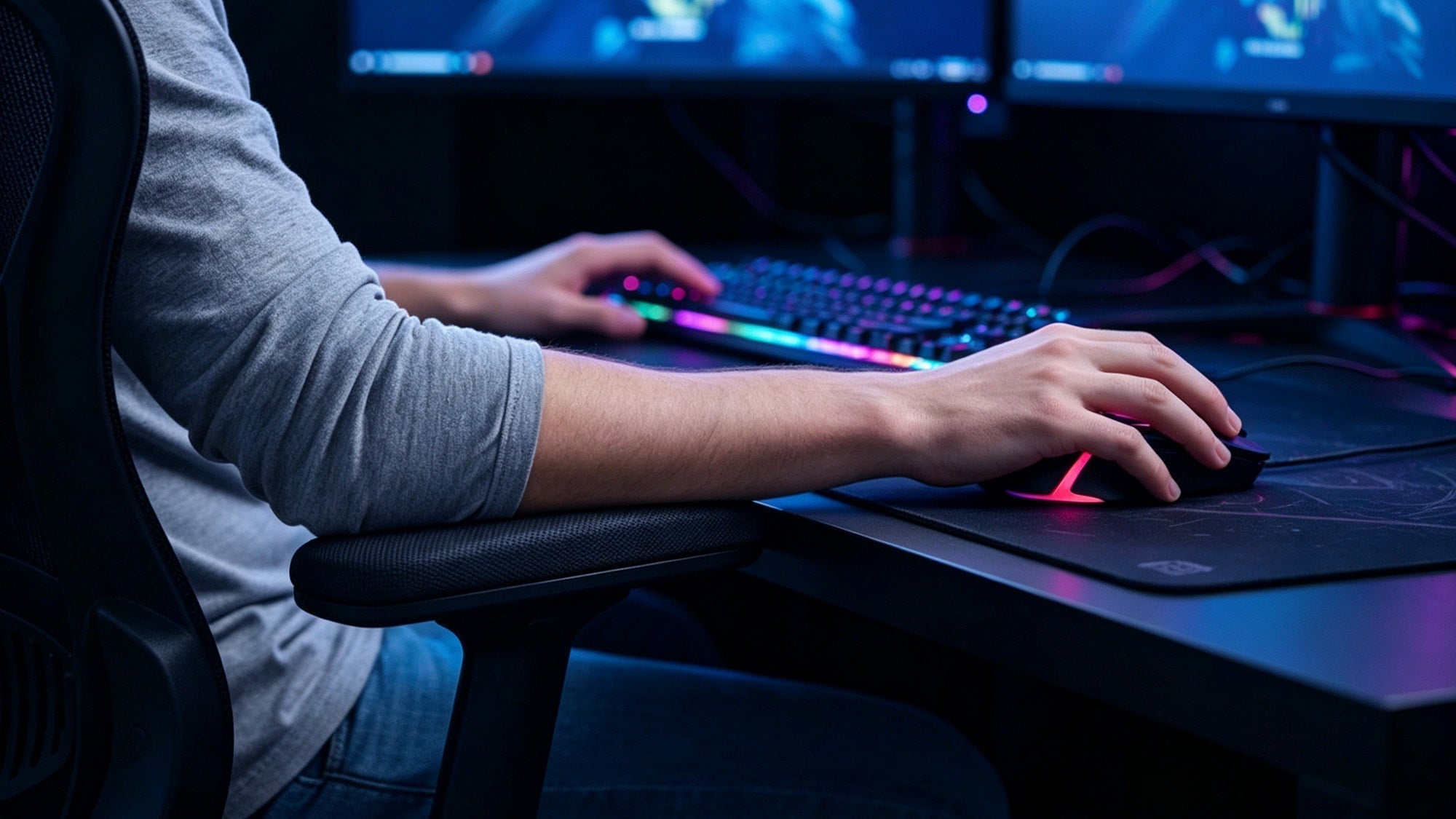 Best mouse position for wrist health: using a padded chair armrest to support the forearm during PC gaming.