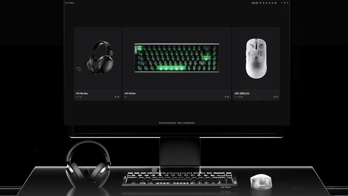 ATK Gear gaming setup with headset, keyboard, and mouse