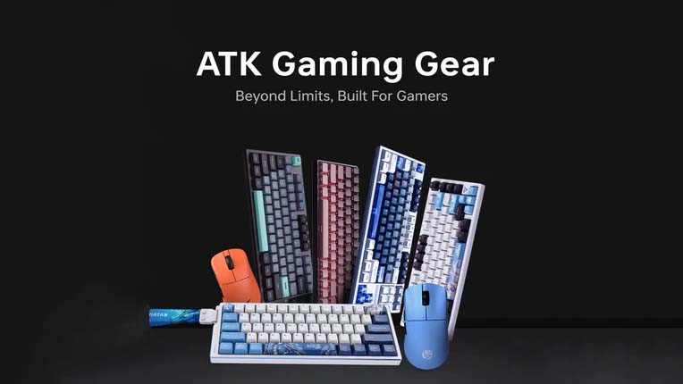 ATK Gaming Gear collection featuring mechanical keyboards and lightweight wireless gaming mice.
