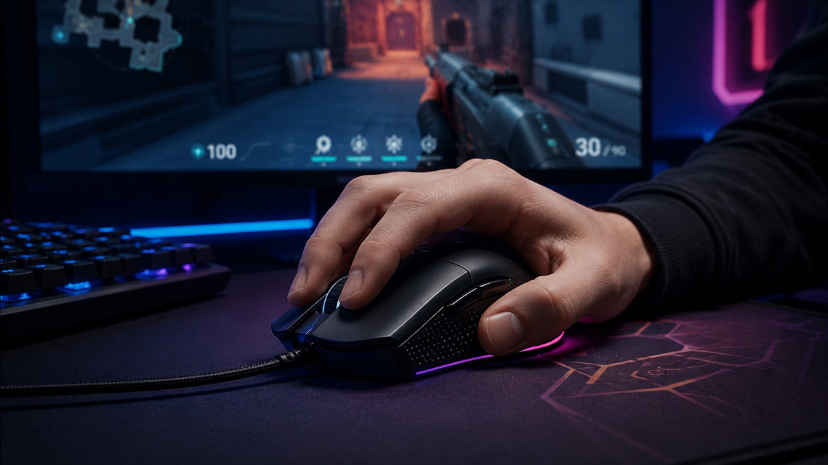 Hand clicking a wired gaming mouse during an FPS match