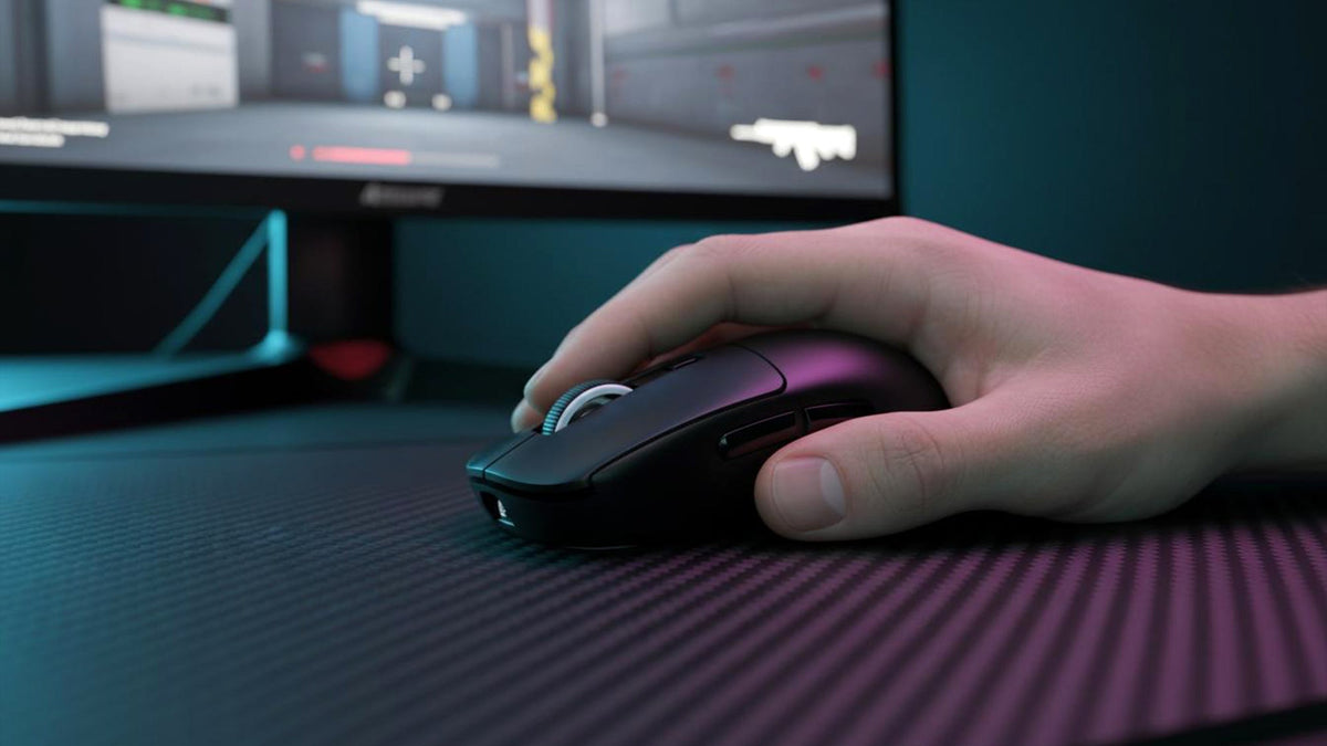 Hand gripping a black wireless gaming mouse on a textured mouse pad during an FPS match