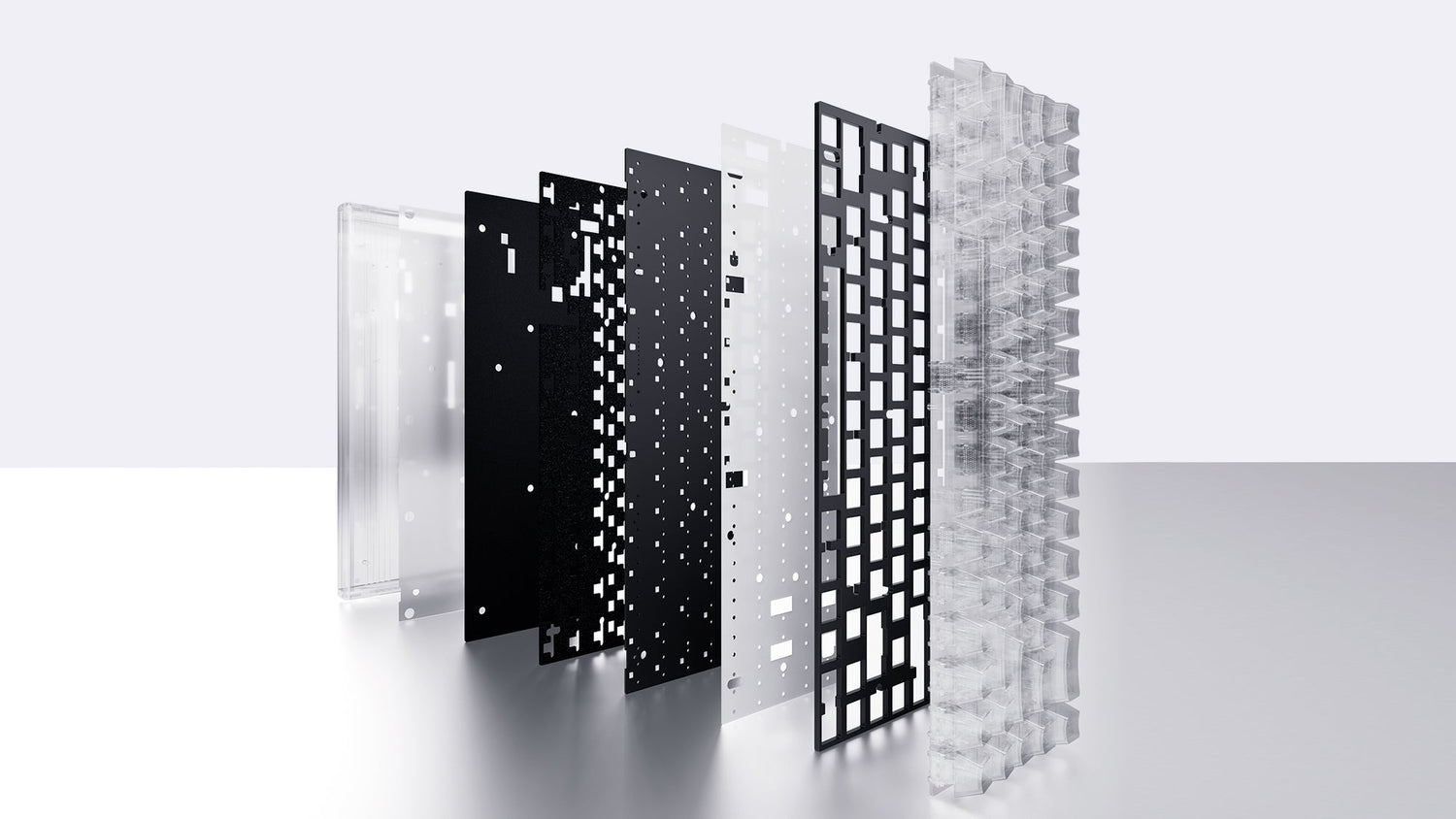 Exploded view of mechanical keyboard internal layers