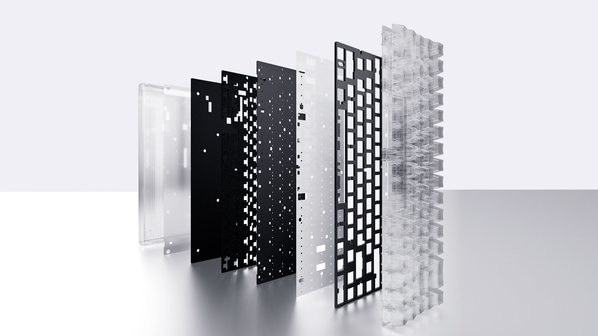 Exploded view of mechanical keyboard internal layers