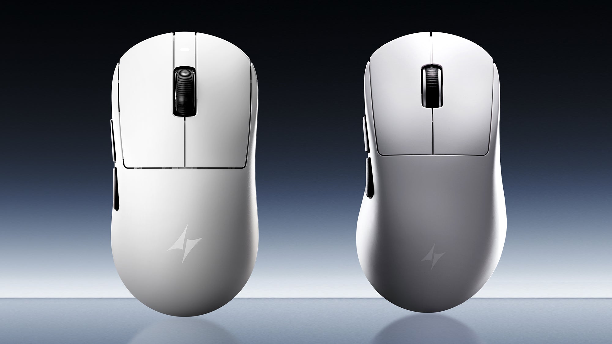 White symmetrical and ergonomic gaming mice viewed from above