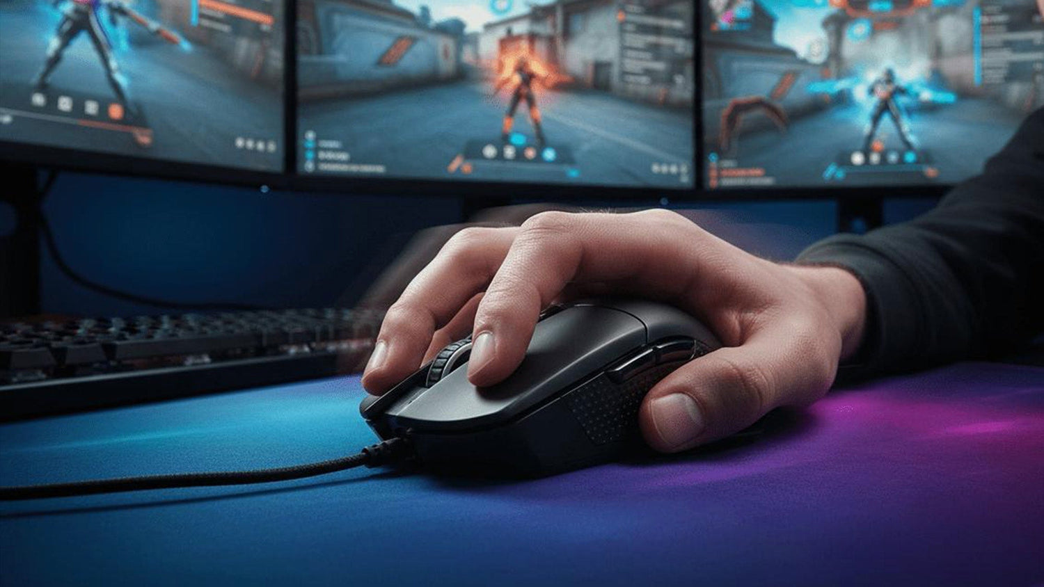 Gamer playing CS2 FPS game holding a lightweight black mouse on a desk with multi-monitors