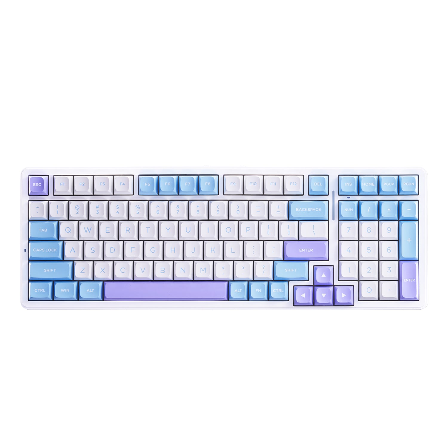 ATK A98 Pro wireless mechanical gaming keyboard with 98 keys and pastel purple and blue keycaps.