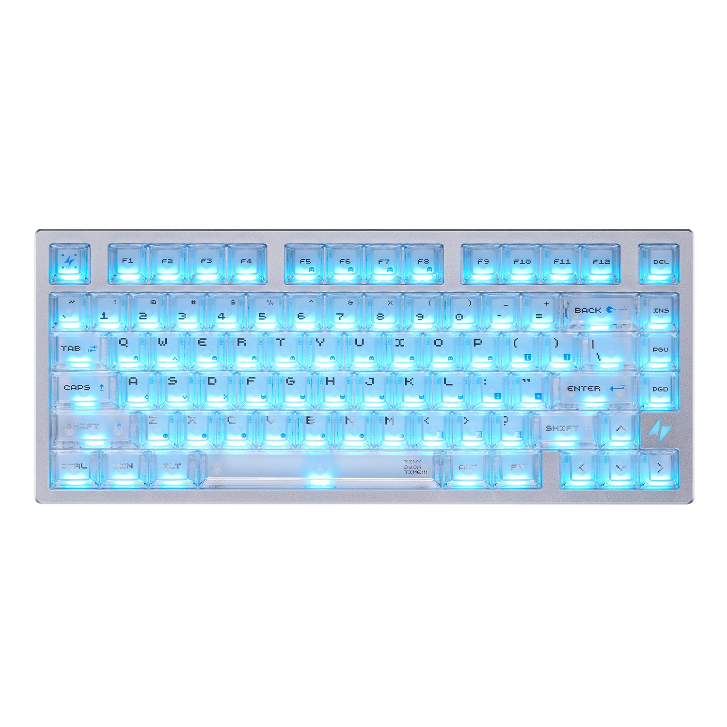 ATK RS7 Turbo Esports keyboard with semi-aluminum top case, frosted PC keycaps, and vibrant blue backlighting.