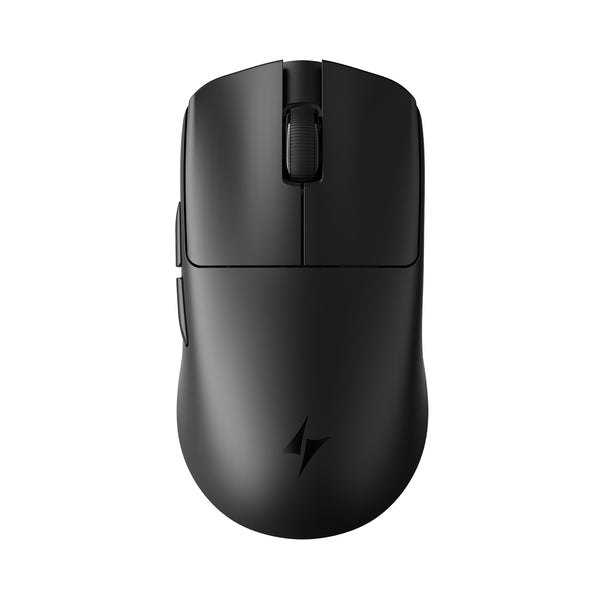 Black ATK Blazing Sky F1 V2 wireless esports mouse, ergonomic, lightning bolt logo, textured scroll wheel, side buttons.