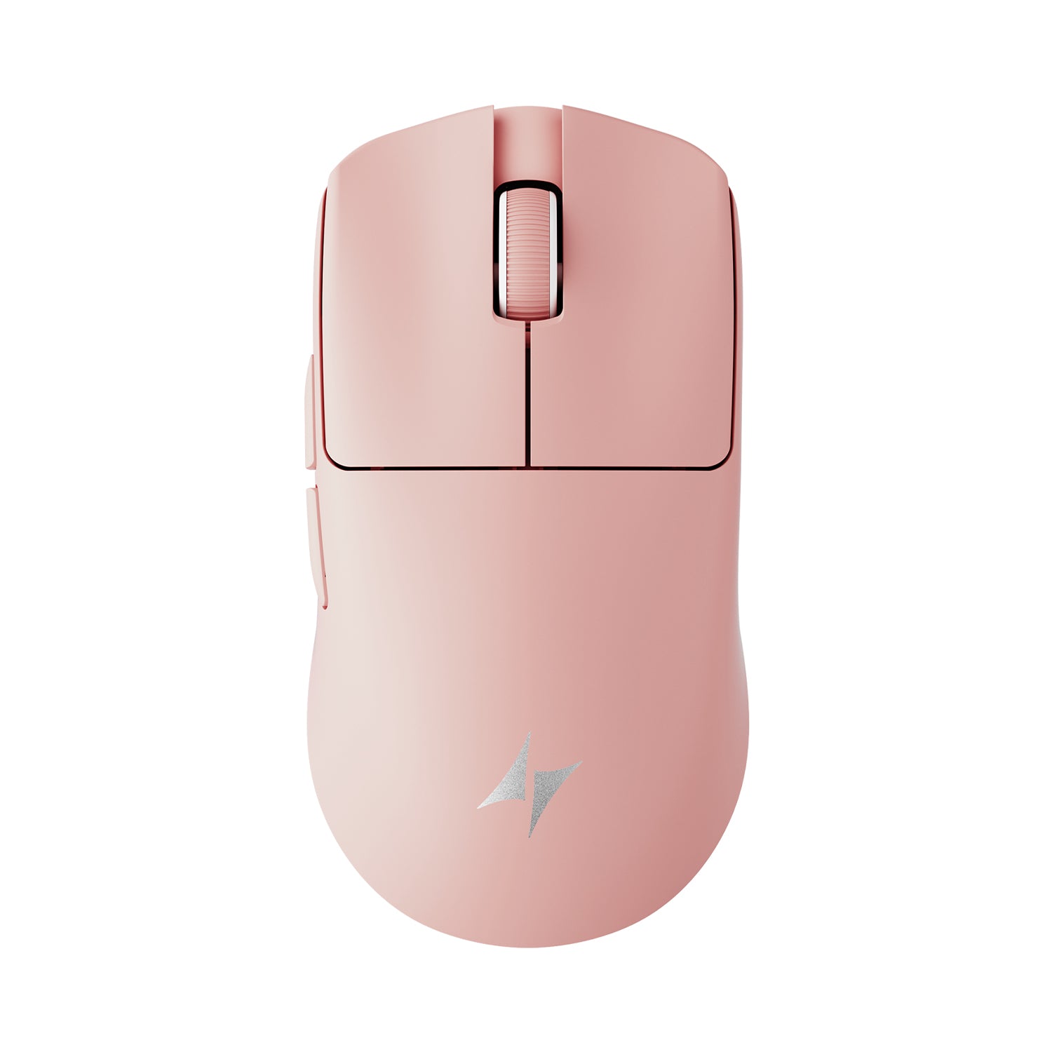 ATK Blazing Sky F1 V2 Series lightweight wireless esports mouse in a soft pink color with silver lightning bolt logo.