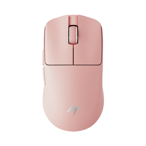 ATK Blazing Sky F1 V2 Series lightweight wireless esports mouse in a soft pink color with silver lightning bolt logo.